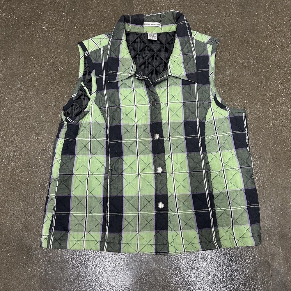 Rebecca Malone Vest Womens Medium‎ Green Plaid Quilted Snap Front Collared Lined
